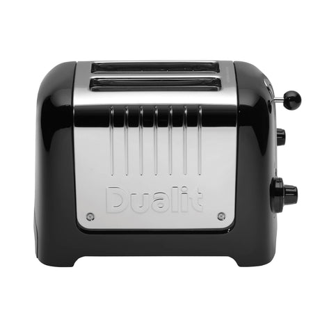 DUALIT Toaster LITE mit zwei Toastscheiben, silberfarbenes Gehäuse und Bedienelemente, auf einer Küchenarbeitsplatte.