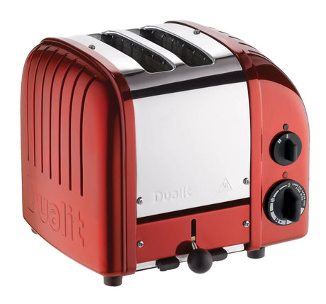 Dualit Toaster Newgen in Rot mit 2 Scheiben, modernes Design und einfache Handhabung, sichtbar im Bild.