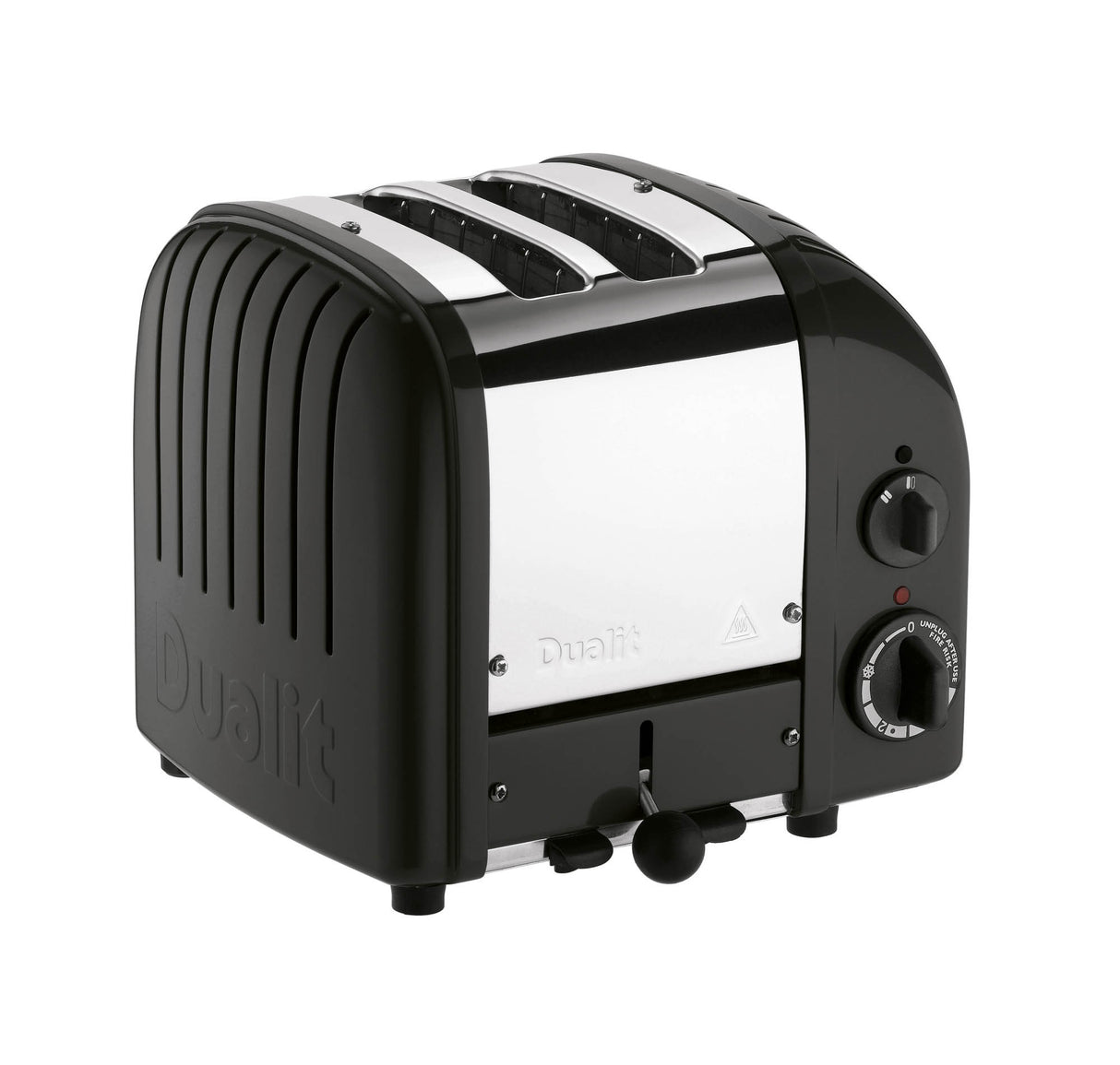 Schwarzer DUALIT Toaster NEWGEN mit 2 Scheiben, modernes Design, sichtbar mit toastenden Brotscheiben.