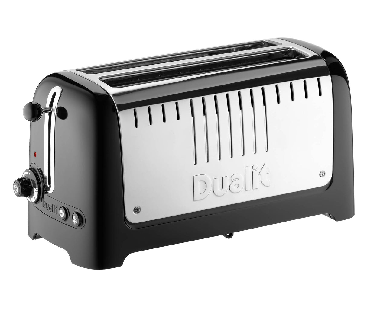 Schwarzer DUALIT Toaster LITE mit vier Toastscheiben, modernes Design und einfache Bedienung.