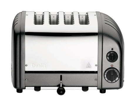 Dualit NewGen gray metallic 4-slice toaster with sleek design and modern finish, perfect for quick, even toasting.
