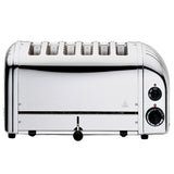 Dualit Toaster Classic aus Edelstahl, 6 Scheiben, modernes Design, zeigt die Toast-Fächer und Bedienelemente.