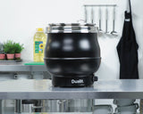 Schwarzer DUALIT Suppenkessel, 11 Liter, aus Edelstahl, mit Deckel und Griffen, ideal für Suppen und Eintöpfe.