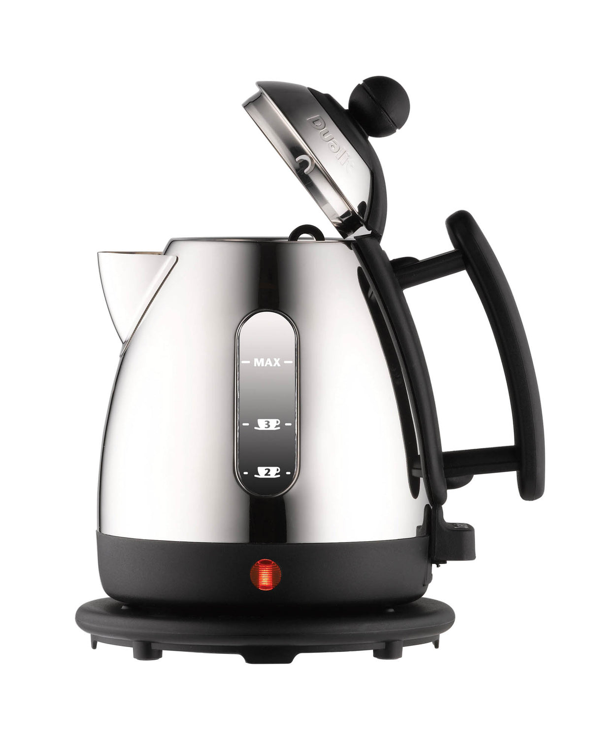 Schwarzer DUALIT Wasserkocher Mini LITE mit 1-Liter-Fassungsvermögen, sichtbarer Wasserstand und elegantes Design.