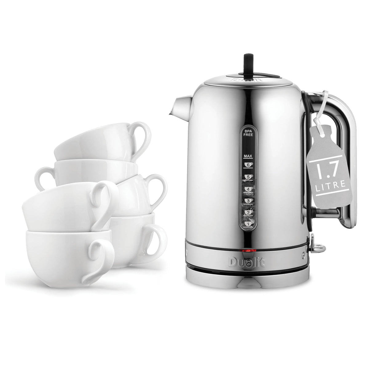 Polierter DUALIT Wasserkocher Classic mit 1,7 Liter Fassungsvermögen, Edelstahl-Design, auf einer Küchenarbeitsplatte.