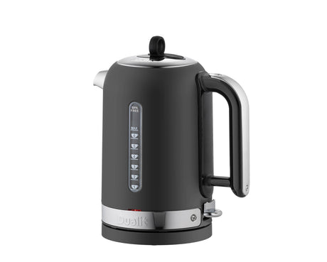Schwarzer DUALIT Wasserkocher CLASSIC mit 1,7 Liter Kapazität, Edelstahl und Wasserstandsanzeige.