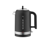Schwarzer DUALIT Wasserkocher CLASSIC mit 1,7 Liter Fassungsvermögen, Edelstahl-Design und Bedienknopf.