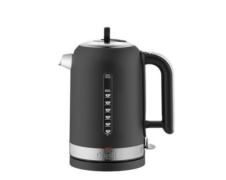Schwarzer DUALIT Wasserkocher CLASSIC mit 1,7 Liter Fassungsvermögen, Edelstahl-Design und Bedienknopf.