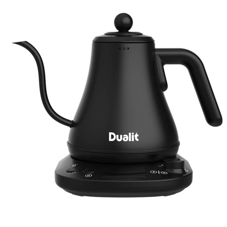 Schwarze DUALIT Handfilterkanne CLASSIC aus Edelstahl mit Filtereinsatz, ideal für frisch gebrühten Kaffee.