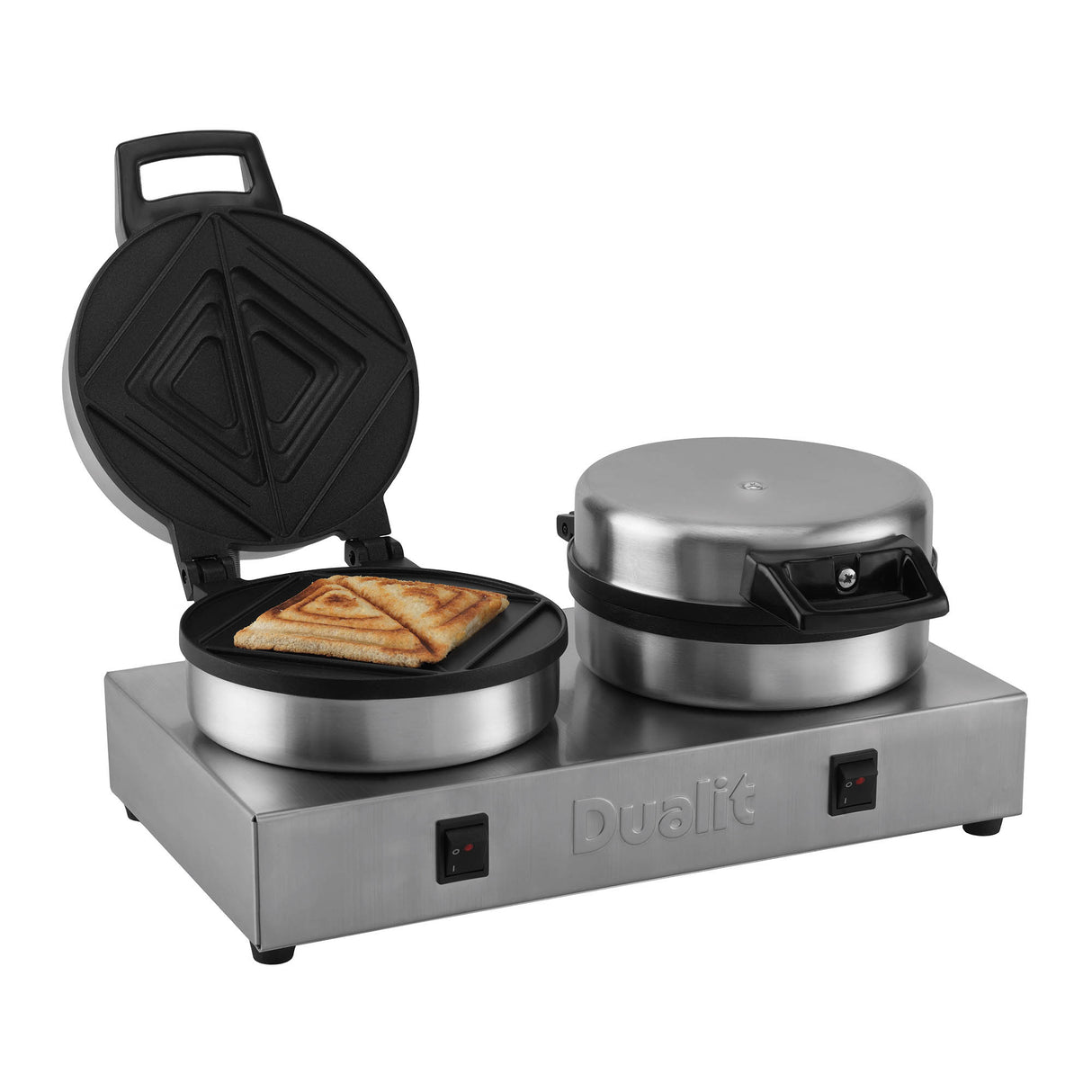 Polierter DUALIT Toaster TOASTIE mit zwei Toastfächern und modernem Design, zeigt die Edelstahloberfläche und Kontrollknöpfe.
