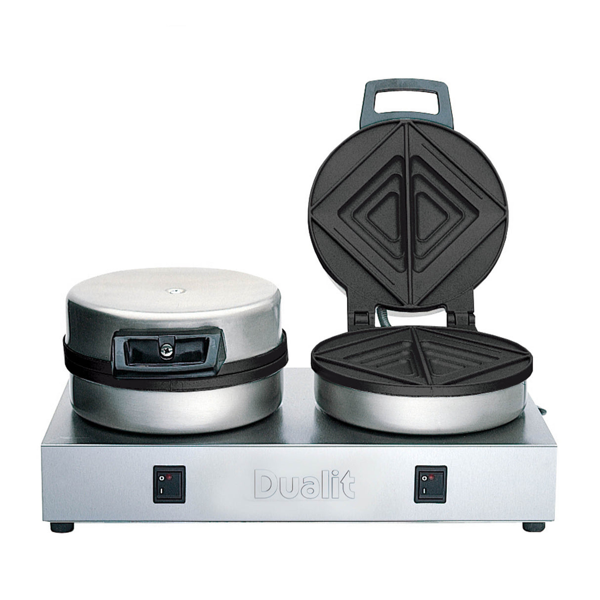 Dualit Toaster Toastie in poliertem Edelstahl, modernes Küchengerät mit zwei Toastkammern und Bedienknöpfen.