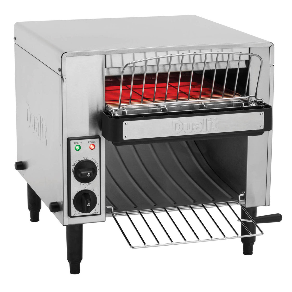 Schwarzer DUALIT Toaster für Gastro, Durchlauf, mit zwei Toastkammern und Edelstahl-Design.