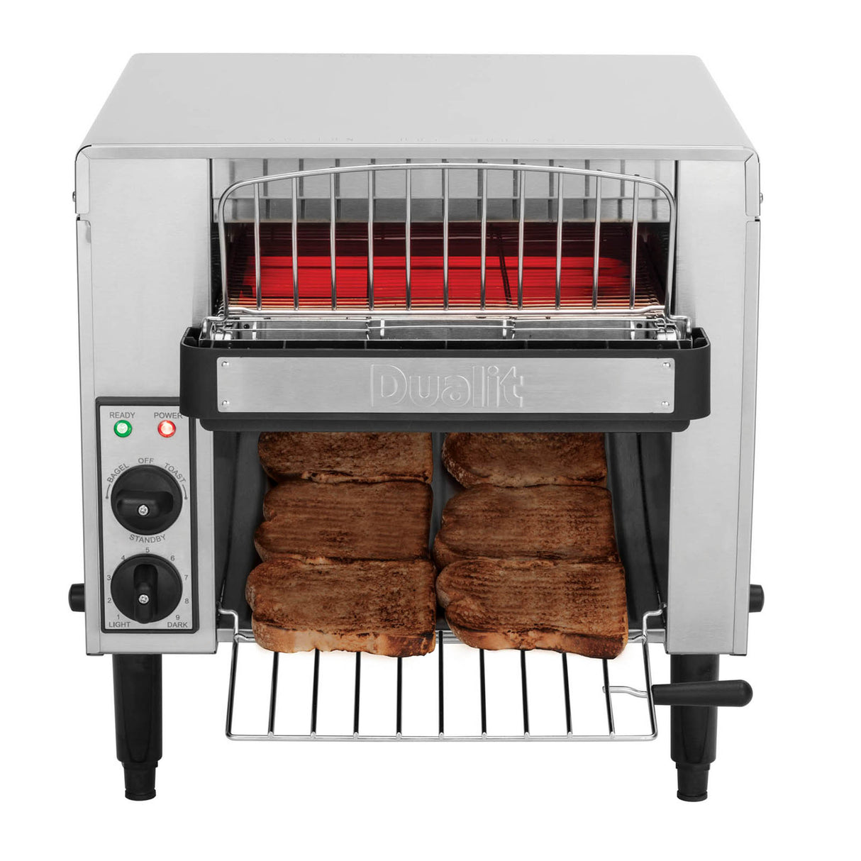 Schwarzer DUALIT Toaster für Gastronomie, mit Durchlauf-Funktion, zeigt Toastscheiben im Einsatz.