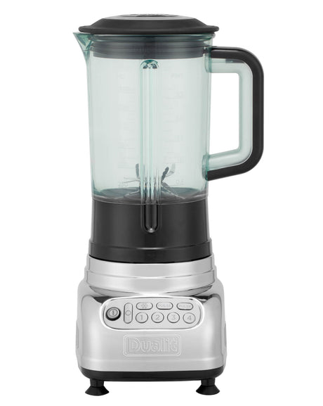 Polierter DUALIT Standmixer VORTECS mit Edelstahlbehälter und Bedienelementen, ideal für smoothies und Mixgetränke.