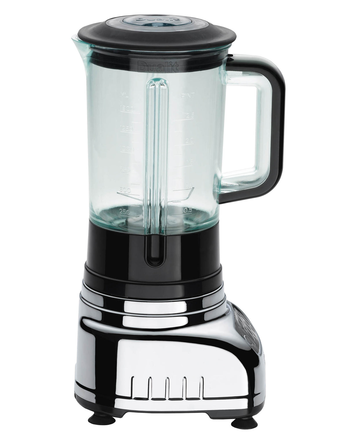 Polierter DUALIT Standmixer VORTECS mit Edelstahlbehälter und Bedienknöpfen auf der Oberseite.