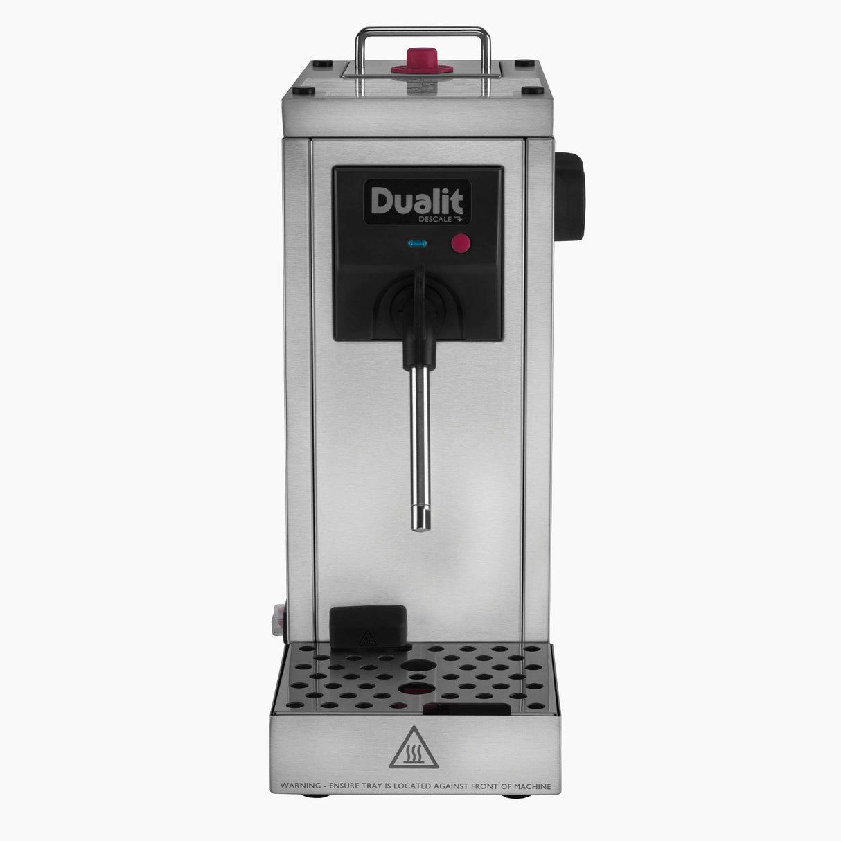 DUALIT Milchaufschäumer CINO für Catering, zeigt das Gerät mit Edelstahlkörper und Schaumkrone in Betrieb.