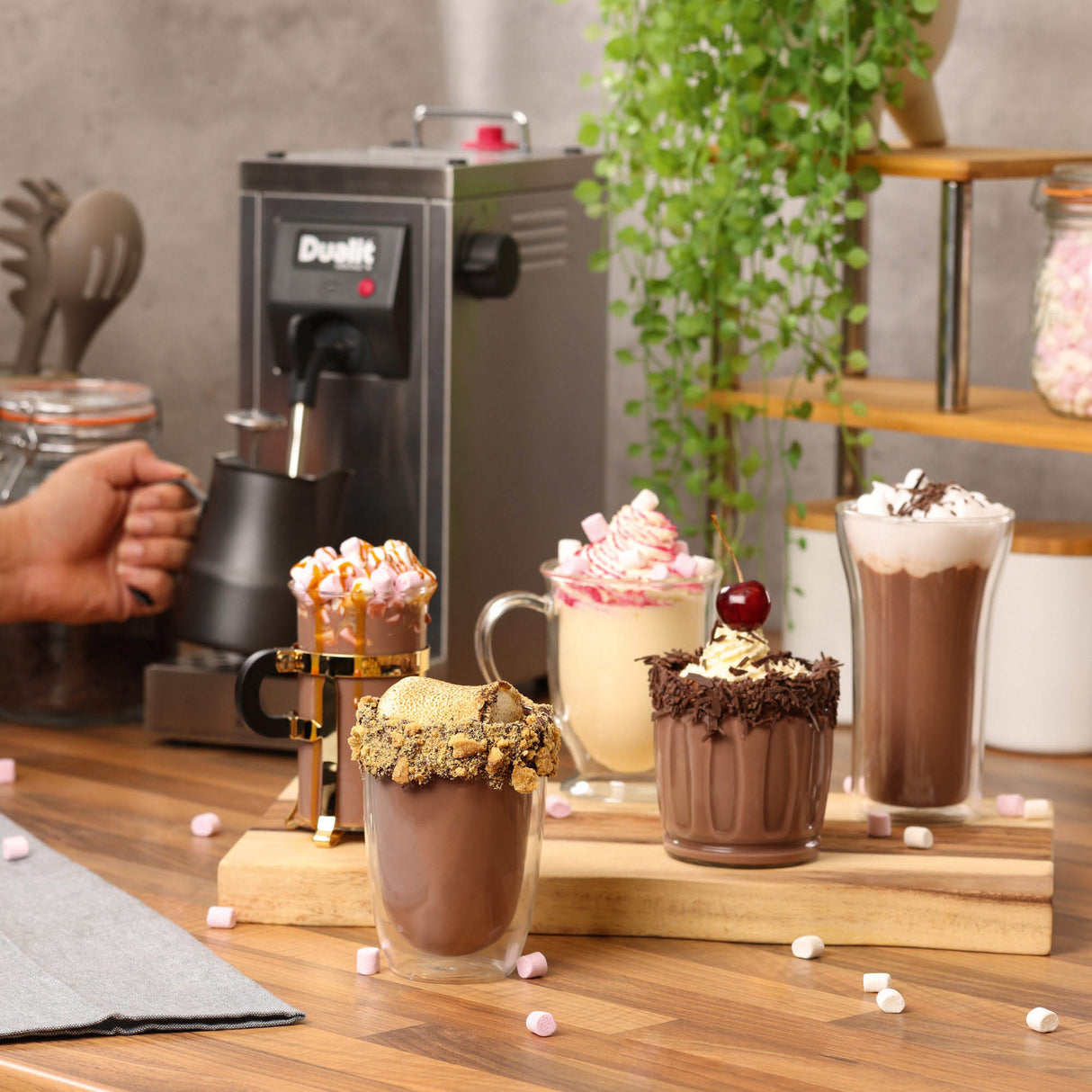 Dualit Milchaufschäumer CINO für Catering, mit Edelstahlgehäuse und ergonomischem Griff, perfekt für cremigen Milchschaum.