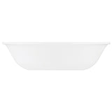 Corelle Winter Frost white dinnerware set showing a stack of plates and bowls with a frosted, winter-inspired design.
