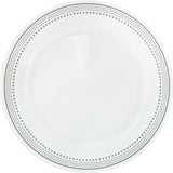 Corelle Mystic Grey dinnerware set with white plates featuring modern graphic designs, stylish and durable ceramic dishware