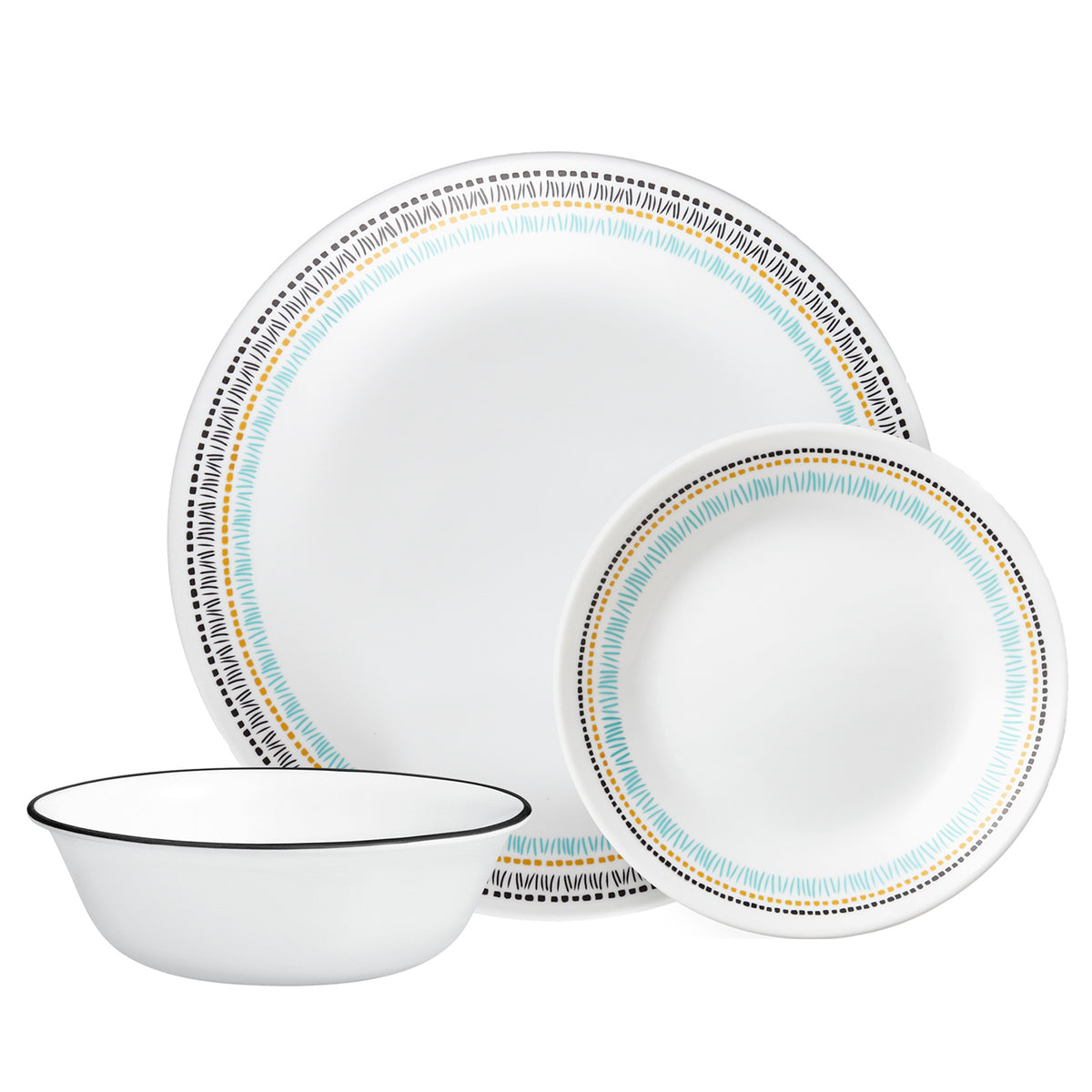 Corelle Paloma white dishware set with colorful graphic design, showcasing plates and bowls in a stylish kitchen setting