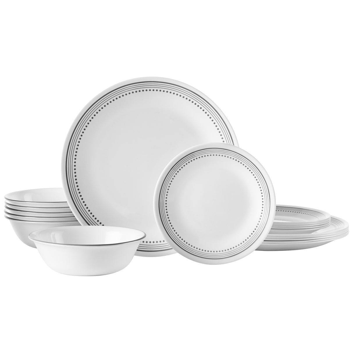 Corelle Geschirrset Mystic Gray mit weißem Design, Teller, Schalen und Tassen, langlebiges Porzellan für den täglichen Gebrauch