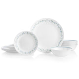 Weiße CORELLE COUNTRY COTTAGE Service mit Teller, Tasse und Schüssel auf weißem Hintergrund, elegantes Geschirrset