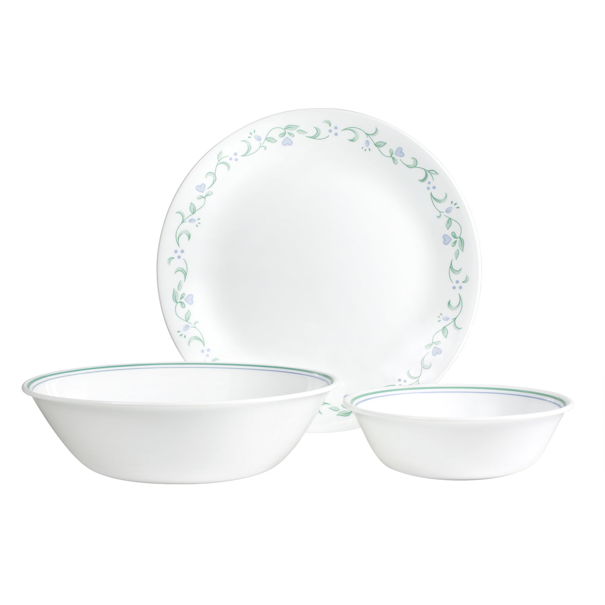 Weißes CORELLE Service COUNTRY COTTAGE mit Tellern, Tassen und Schüsseln, elegant für den Tisch gedeckt