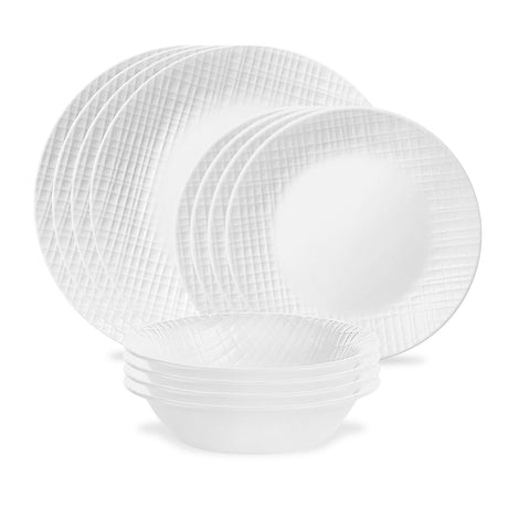 CORELLE Service in LINEN WEAVE Weiß, Porzellan Geschirrset mit Tellern, Schüsseln und Tassen, elegant und langlebig