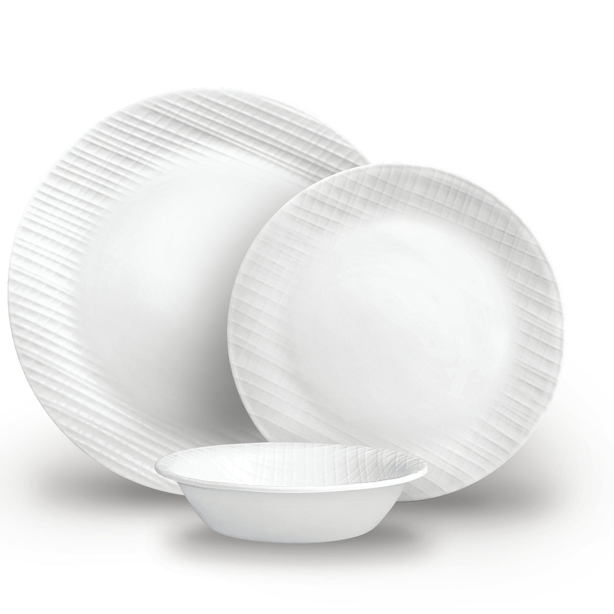 Weiße CORELLE Service mit LINEN WEAVE Muster, elegante Geschirrset für den täglichen Gebrauch.
