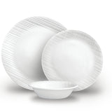 Weiße CORELLE Service mit LINEN WEAVE Muster, elegante Geschirrset für den täglichen Gebrauch.