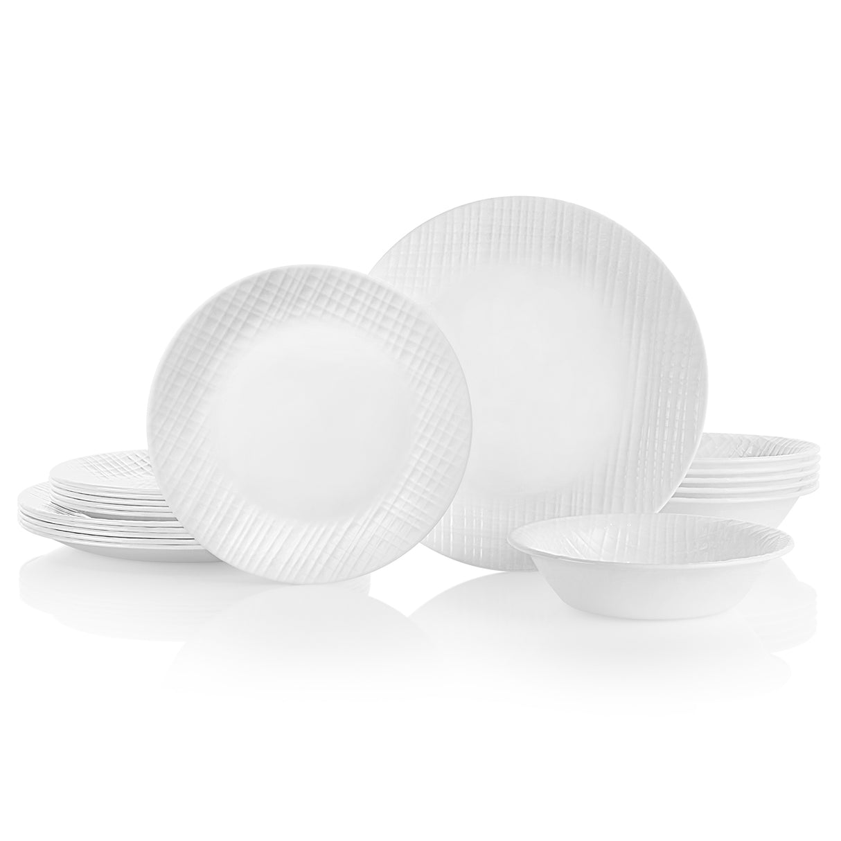 Weiße CORELLE Service mit LINEN WEAVE Muster, Teller und Schalen im eleganten Geschirr-Set, langlebig und spülmaschinenfest.