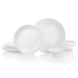 Weiße CORELLE Service mit LINEN WEAVE Muster, Teller und Schalen im eleganten Geschirr-Set, langlebig und spülmaschinenfest.