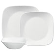 Weiße CORELLE Service mit Tellern, Tassen und Schüsseln im klassischen Design, langlebiges Porzellan für den täglichen Gebrauch
