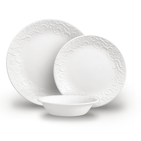 Weiße CORELLE Bella Faenza Geschirr-Set mit Tellern und Tassen, elegantes Service für den täglichen Gebrauch