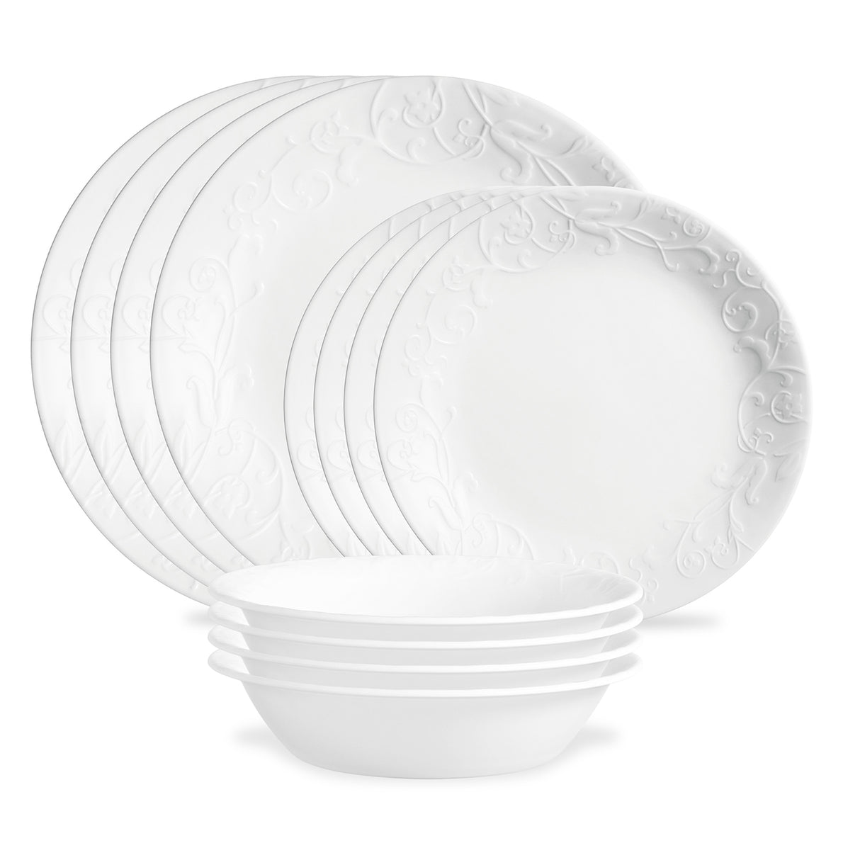 Weiße CORELLE BELLA FAENZA Geschirrservice mit Tellern, Tassen und Schüsseln, elegantes Porzellan-Set für den täglichen Gebrauch