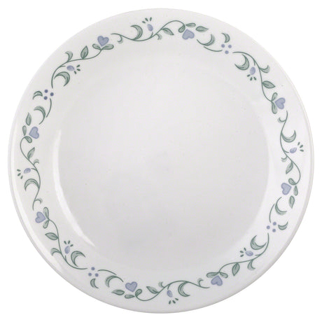 Corelle Country Cottage white ceramic dinnerware set with floral graphic design featuring plates and bowls.