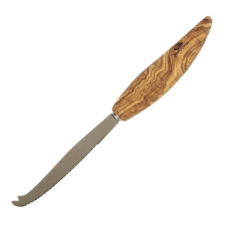 BÉRARD Käsemesser mit Olive, 22,5 cm, aus Edelstahl, liegt auf einem Holzbrett, ideal zum Servieren von Käse und Oliven.