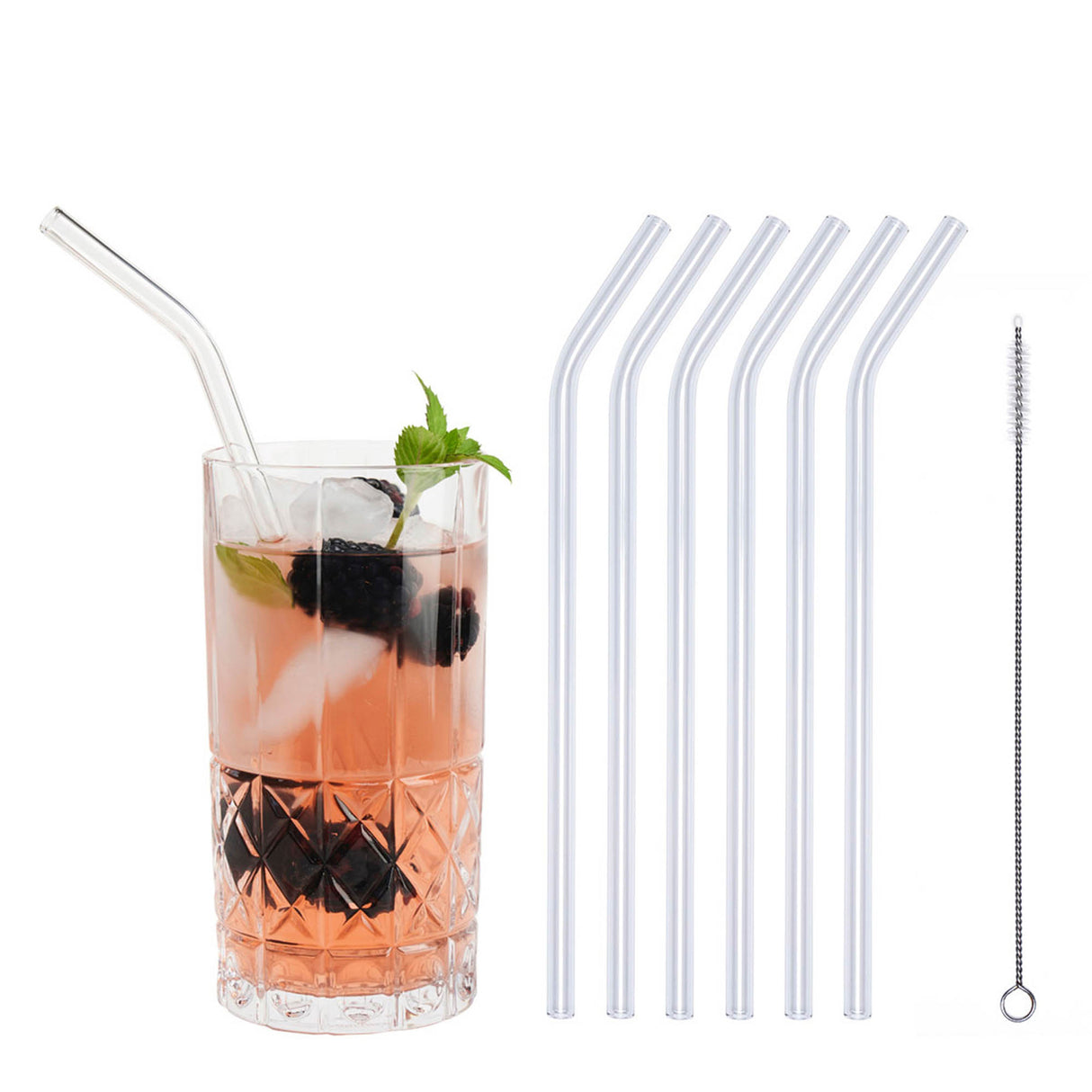 Klarer Trinkhalm aus Glas von PROFINO, umweltfreundlich und wiederverwendbar, auf einem weißen Hintergrund.