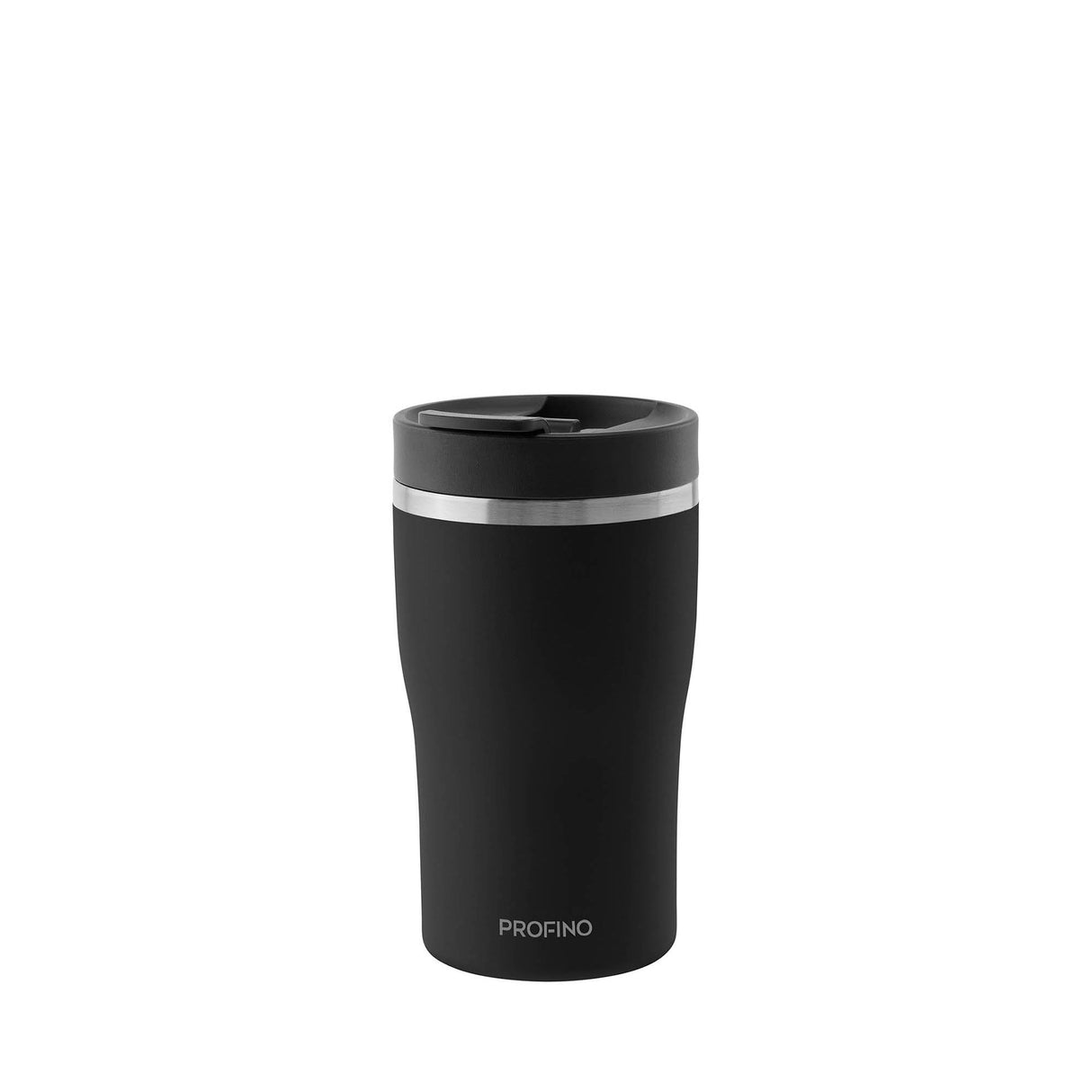 Schwarzer PROFINO Thermobecher BARISTA aus Edelstahl, isoliert für heiße Getränke, mit Deckel und ergonomischem Griff.