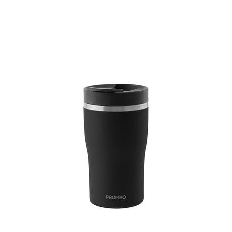 Schwarzer PROFINO Thermobecher BARISTA aus Edelstahl, isoliert für heiße Getränke, mit Deckel und ergonomischem Griff.