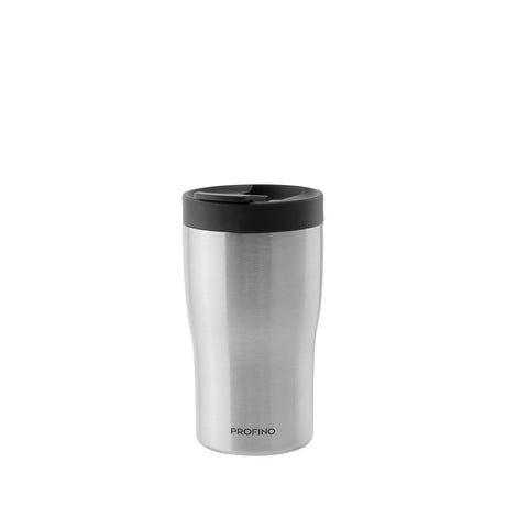 Edelstahl Thermobecher von PROFINO, BARISTA-Design, mit Deckel, ideal für Kaffee unterwegs, auf einem Tisch stehend