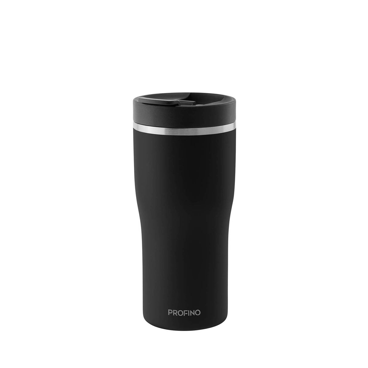Schwarzer PROFINO Thermobecher BARISTA aus Edelstahl, isoliert für heiße Getränke, mit Deckel und ergonomischem Griff.