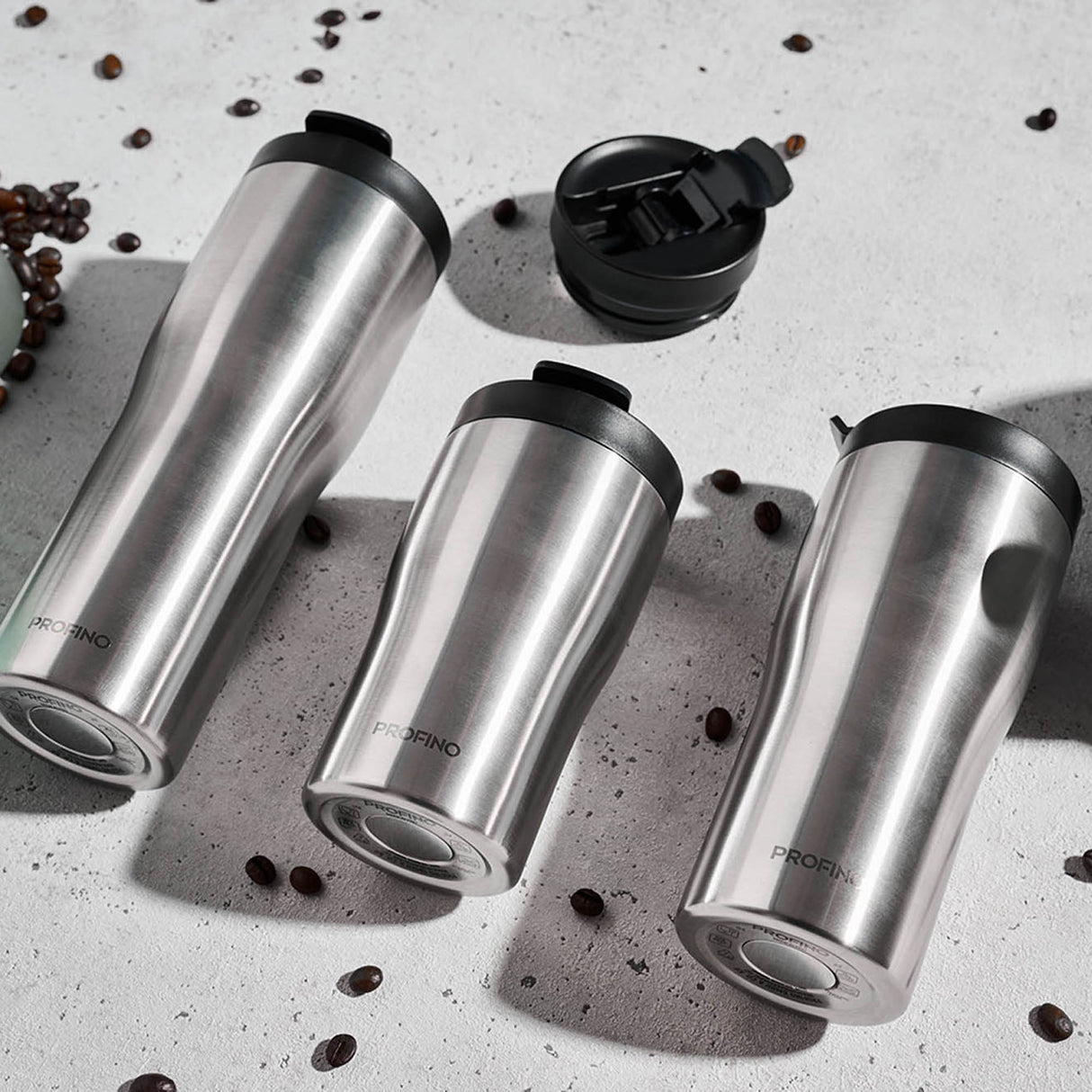 Edelstahl-Thermobecher BARISTA von PROFINO, isolierter Becher für heiße Getränke, zeigt den robusten, eleganten Design.