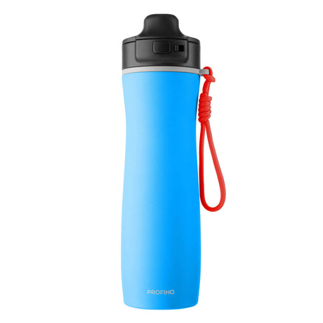 PROFINO Isolierflasche ACTIVE, 600 ml, aus Edelstahl mit doppelter Wand, ideal für heiße oder kalte Getränke, auf einem Tisch stehend