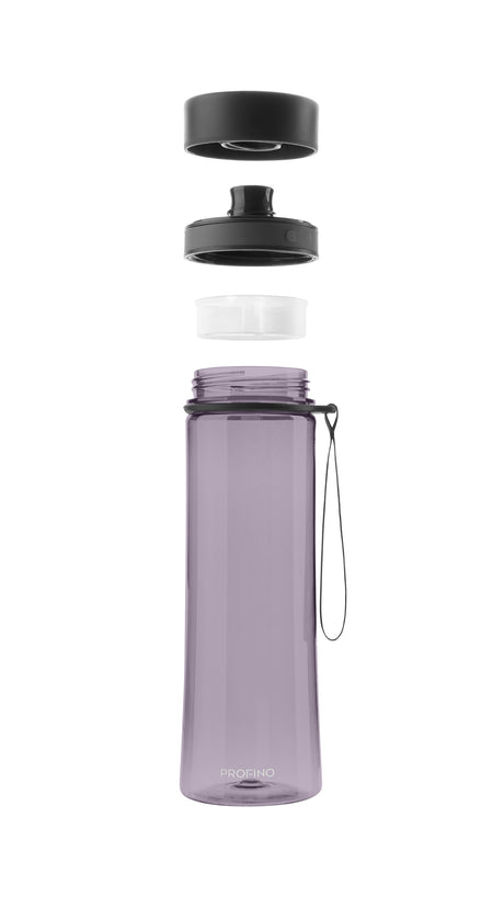 Lila Profino Infuze Trinkflasche mit Siebeinsatz, 600 ml, aus transparentem Kunststoff, zeigt die Flasche mit geöffnetem Deckel.