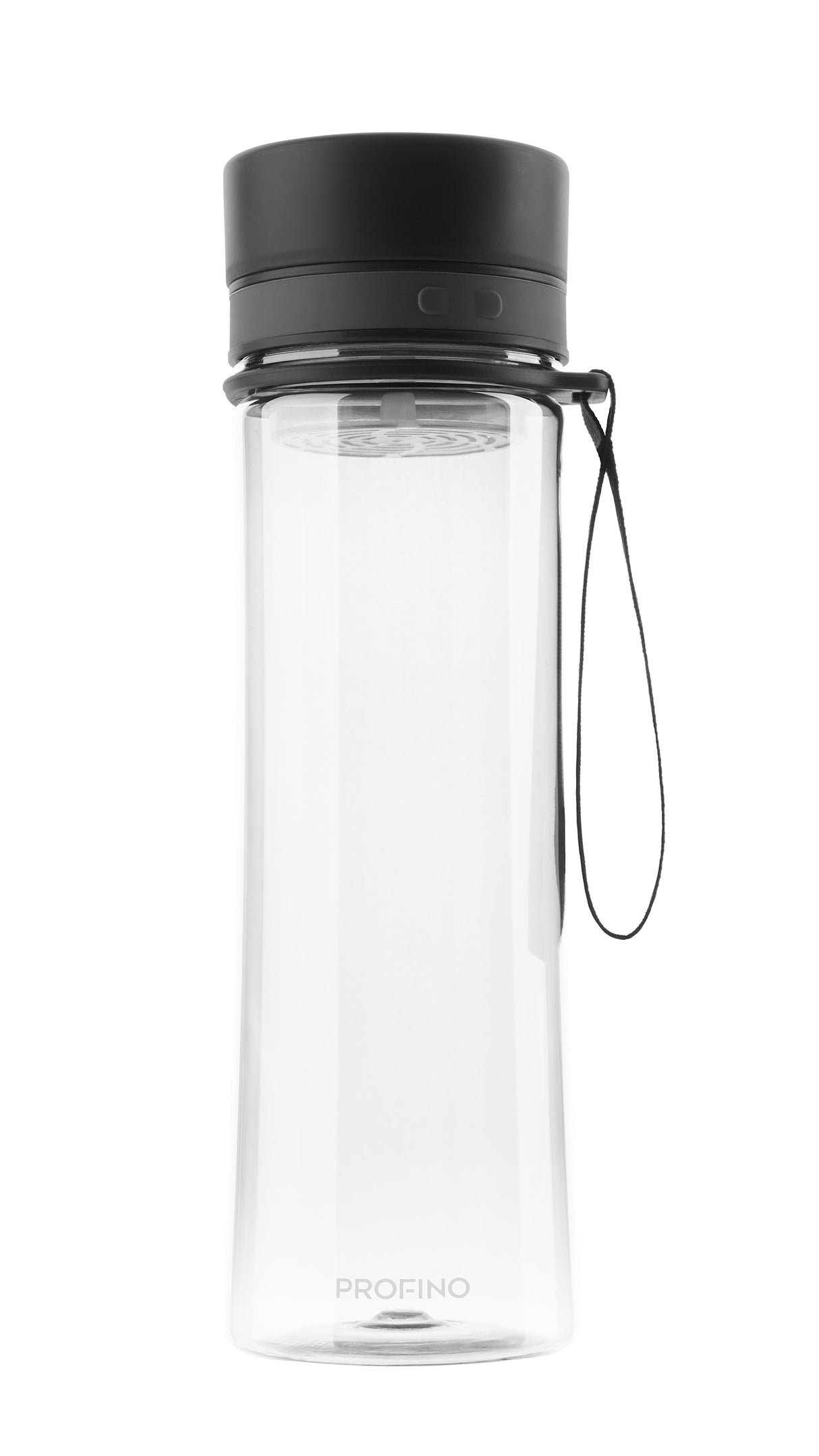 Transparente Profino Trinkflasche mit Siebeinsatz, 600 ml, aus robustem Kunststoff, ideal für Wasser und Getränke
