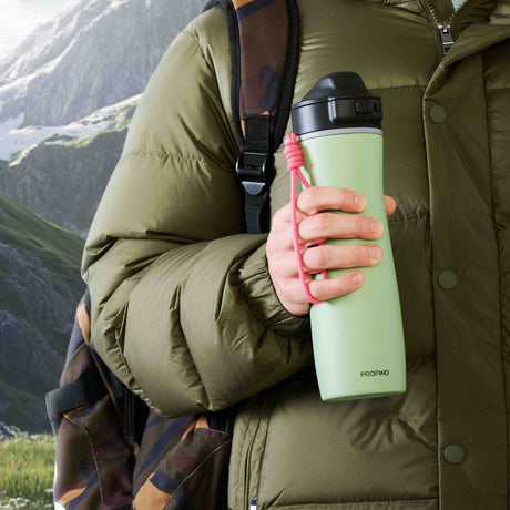 PROFINO Isolierflasche ACTIVE, 600 ml mit Edelstahlkörper und Schraubverschluss, zeigt die isolierende Flasche für heiße oder kalte Getränke