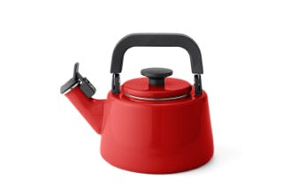 Emaille-Wasserkessel mit pfeifendem Ton, 2,1 Liter, HoneyWare, in Weiß mit Baumwollmuster, auf Herd.