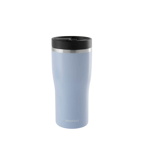 Hellblauer Thermobecher von PROFINO, BARISTA-Serie, mit stabilem Deckel und isolierender Wand für Heiß- und Kaltgetränke.