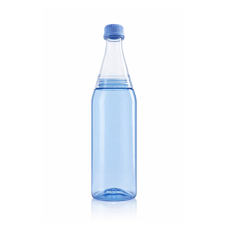 PROFINO Trinkflasche SPARKLE mit 600 ml Fassungsvermögen, aus durchsichtigem Kunststoff, mit blauer Verschluss und Silikondichtung.